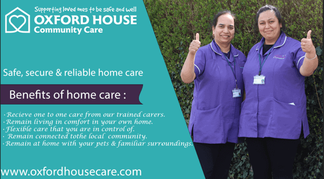 Two smiling healthcare workers giving a thumbs-up in front of a banner for oxford house community care, highlighting the benefits of home care services.