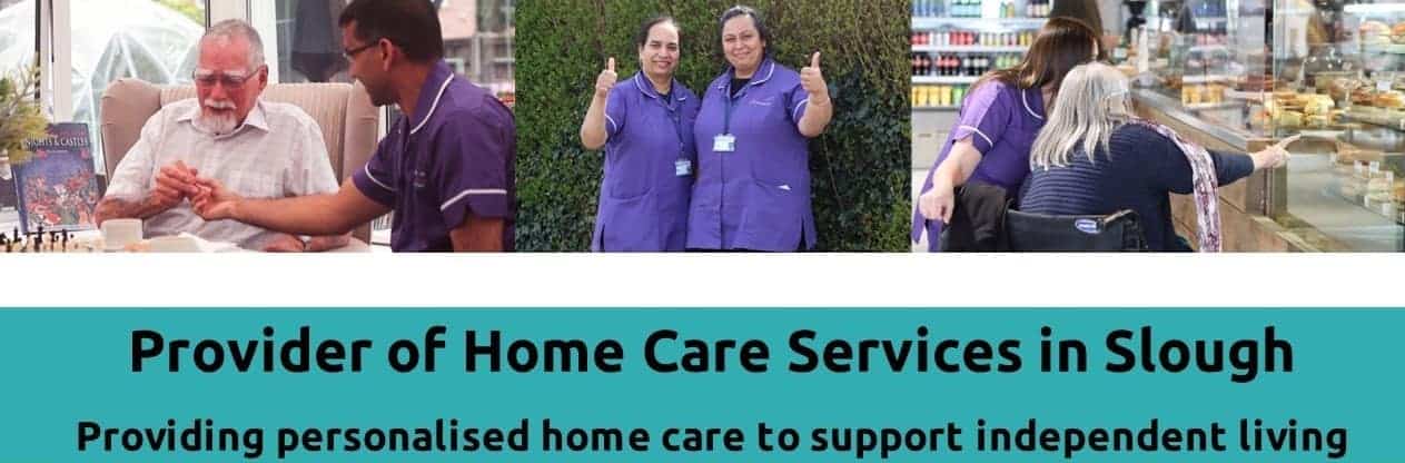 A collage showcasing the compassionate aspects of home care services in slough with scenes of caregiving, support staff posing proudly, and a client engaging in grocery shopping, emphasizing personalized assistance for independent living.
