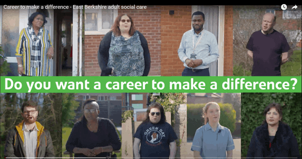 A group of diverse individuals stands outdoors, with a motivational banner asking, "Do you want a career to make a difference"?