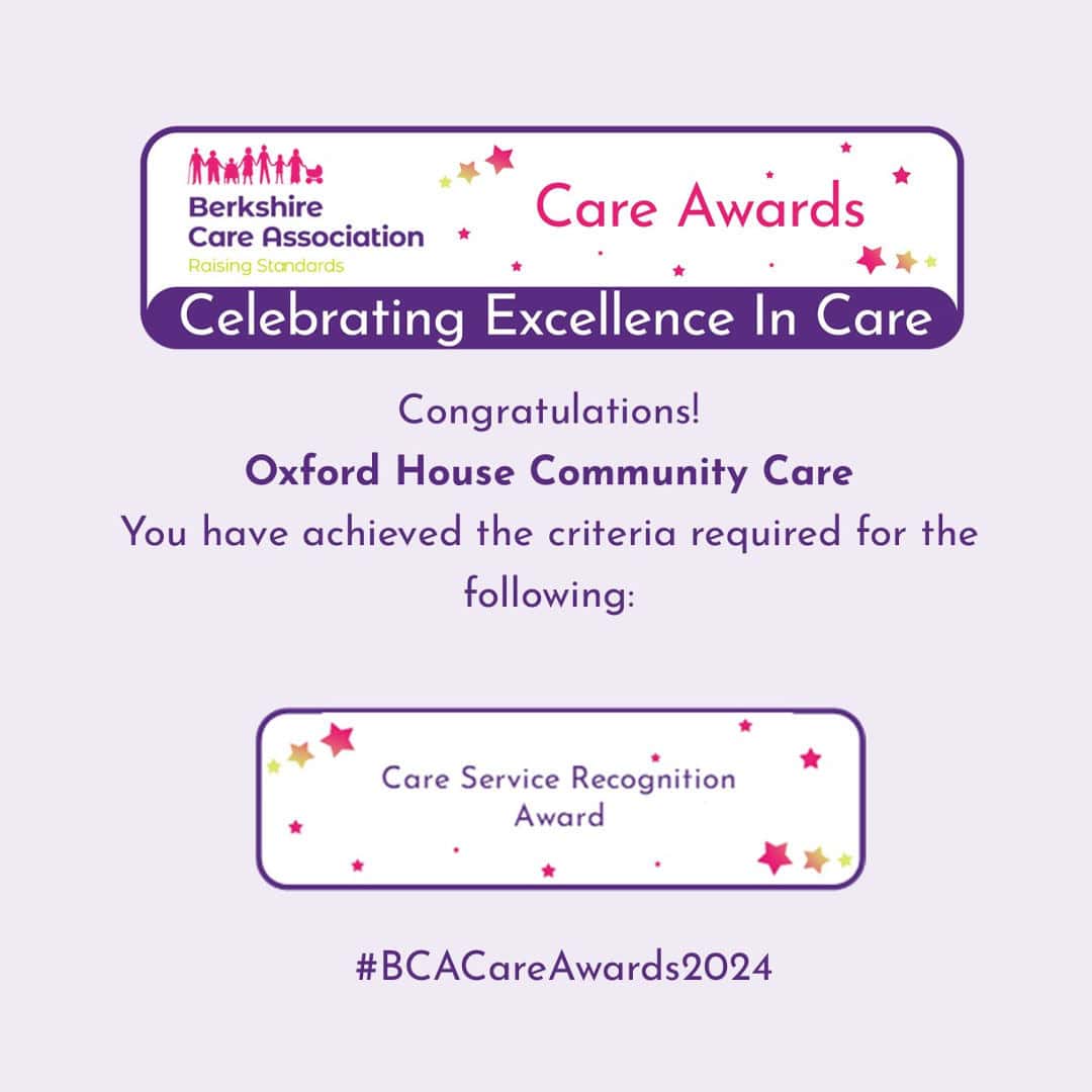 Image of an award certificate from the Berkshire Care Association featuring several stars and text that congratulates Oxford Community Care for achieving the required Care Service Recognition criteria.