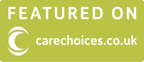 Green rectangular badge with white text stating "FEATURED ON carechoices.co.uk" alongside a stylized circular logo.