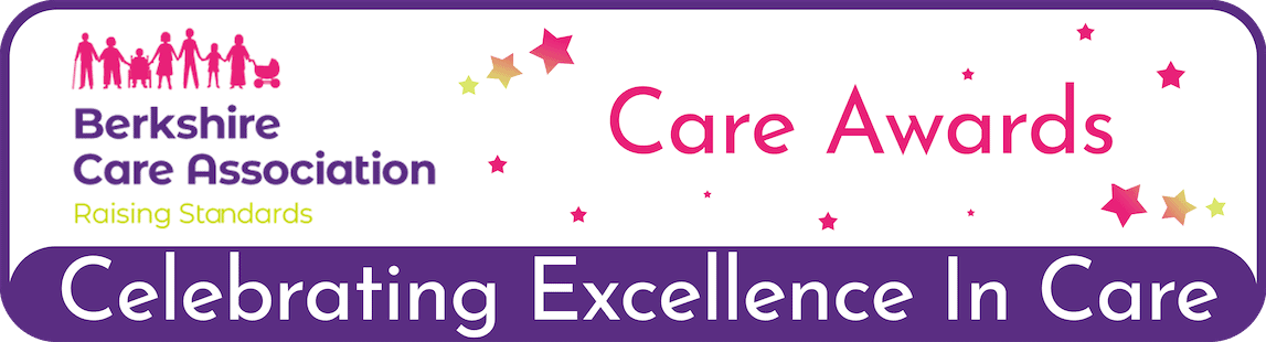 Banner with "Berkshire Care Association Raising Standards" on the left, "Care Awards" with stars in the center, and "Celebrating Excellence In Care" at the bottom in bold text.