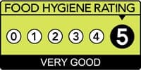 A food hygiene rating sticker indicating a score of 5, which is classified as '5 Star'.