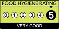 A food hygiene rating certificate showing a score of 5 out of 5, indicating very good sanitary conditions.