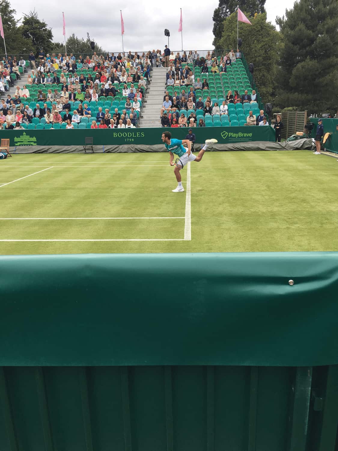 A tennis player in mid-action on a lush green court with a gallery watching in the background.