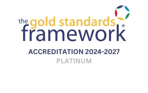 Logo featuring the text "The Gold Standards Framework: Accreditation 2024-2027, Platinum" with a multicolored circle design, embodying excellence in End of Life Care.