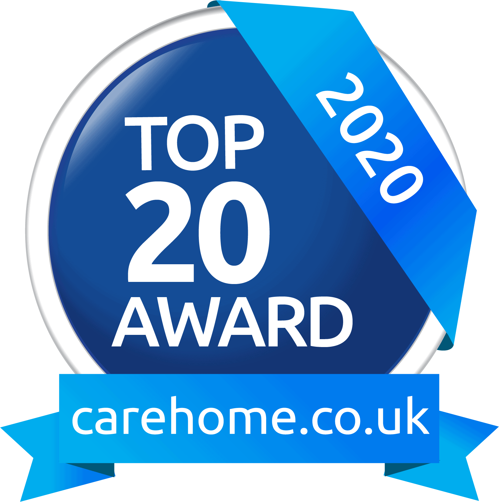 A blue and white badge with the text “TOP 20 AWARD 2020” and a ribbon below reading “carehome.co.uk.”.